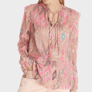 $400 | NWT | Marc Cain N5 Boho Long Sleeve Print Blouse Light Shirt Top Taupe L